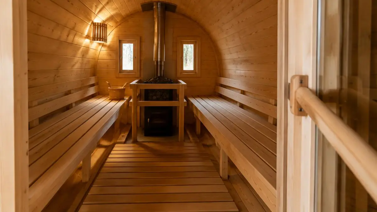 Blick in eine Fasssauna mit Sitzbänken aus hellem Holz und einem Haltegriff an der Tür
