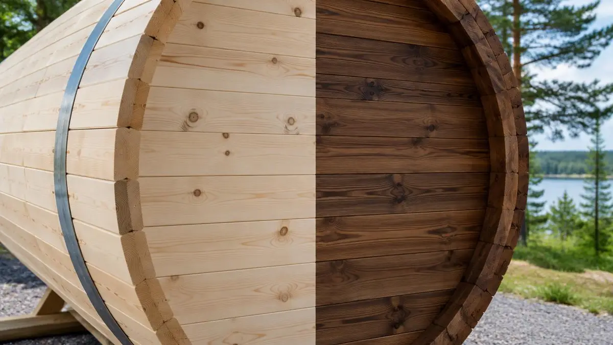 Stirnwand einer Fasssauna, halb aus heller Fichte und halb aus dunklem Thermoholz