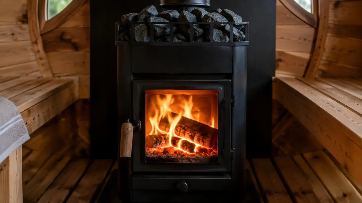Holzofen mit brennendem Feuer und Saunasteinen in einer Fasssauna