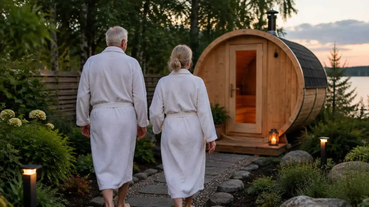 Älteres Paar im Bademantel geht von hinten gesehen zu einer kleinen Fasssauna im Garten